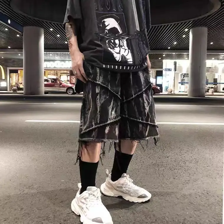 Tie Dye Frayed Denim Shorts Men Vibe Knee Length Male Vintage Gothic Punk Y2K Shorts Hippie Streetwear Distressed Tassel Shorts