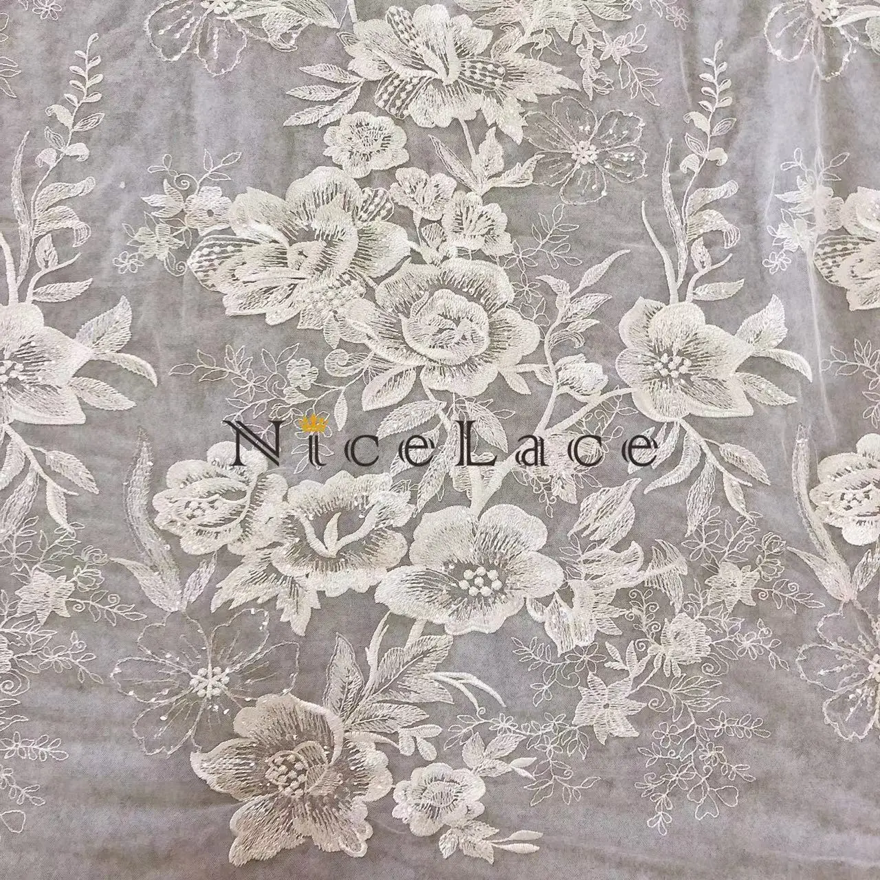 

Nicelace 5Yards High Quality Off White Sequin Embroidery Lace Fabric With Soft Nylon Tulle Wedding Gown Bridal Dresses Wide130CM