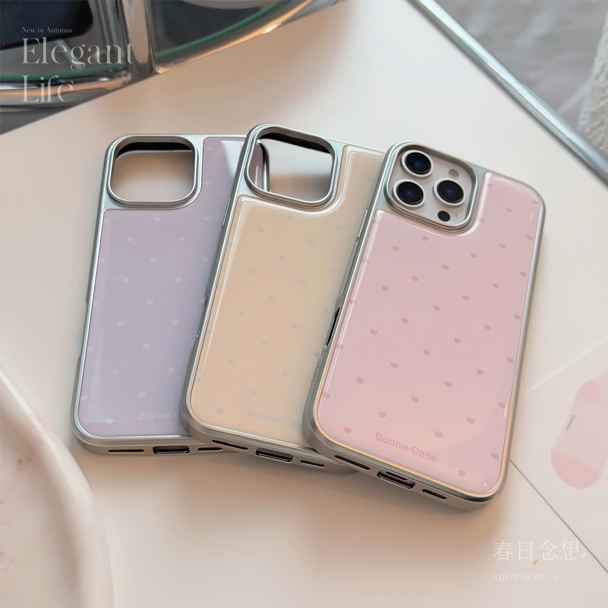 Chic Solid Color Heart Design Phone Case with Silver Edge Trim