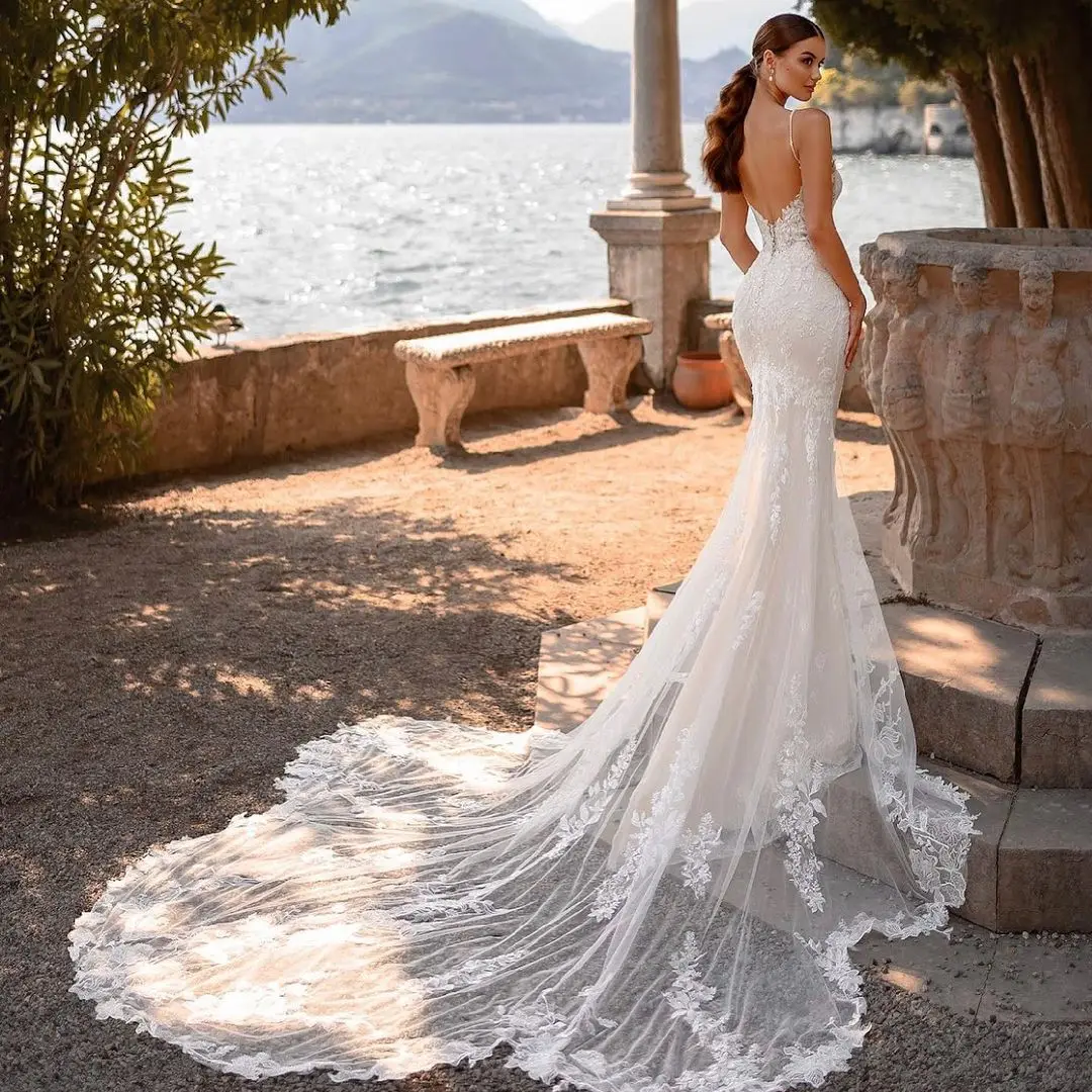 

FATAPARESE Wedding Dress Full-length Georgette Mermaid Gown Illusion Lace Bodice Sweetheart Neckline Spaghetti Straps Buttons