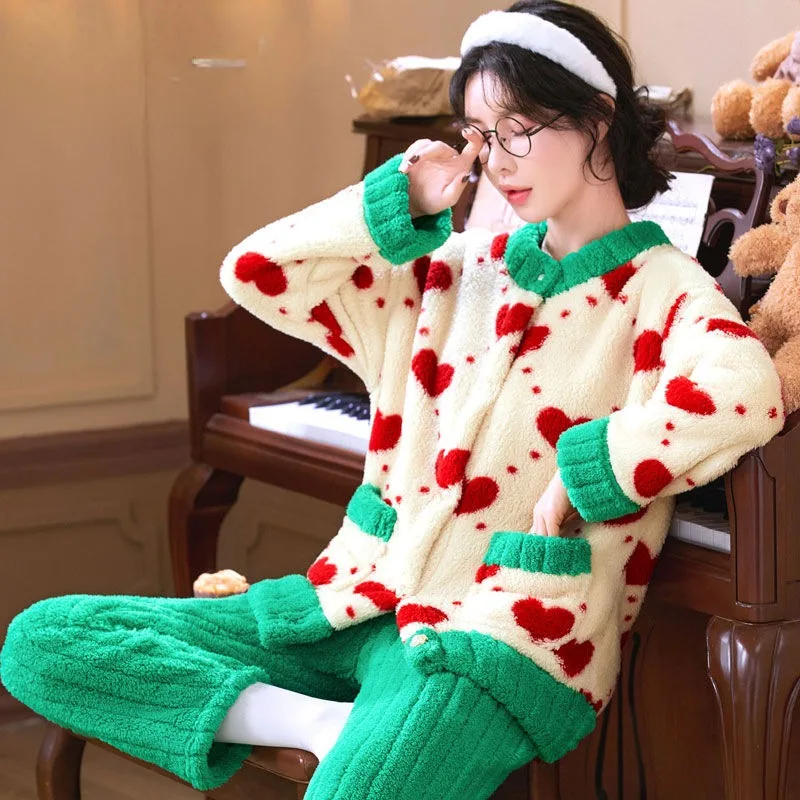 Coral Velvet Pajamas Women  Autumn Winter Thickened Famale Insulation Set Large Size Winter Plush Flannel Sweet Cute Home Wear