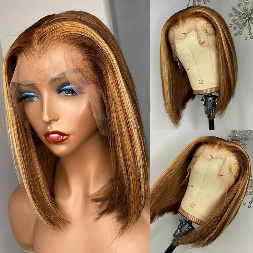 Human Hair Wigs Transparent Lace Wig With Baby Hair Remy 13x4 Lace Wig 16Inch For Women Bob Wigs Pre Plucked Bleached Knots