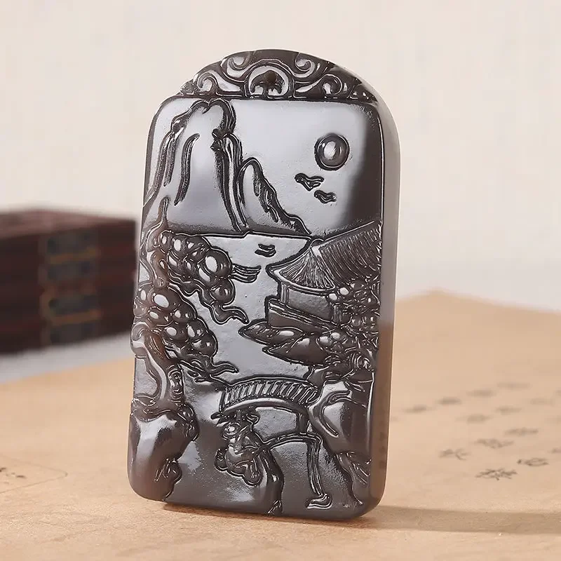 

Natural Smoke Purple Hand Carved Landscape Jade Pendant Fashion Boutique Jewelry Men and Women Landscape Painting Necklace Gift