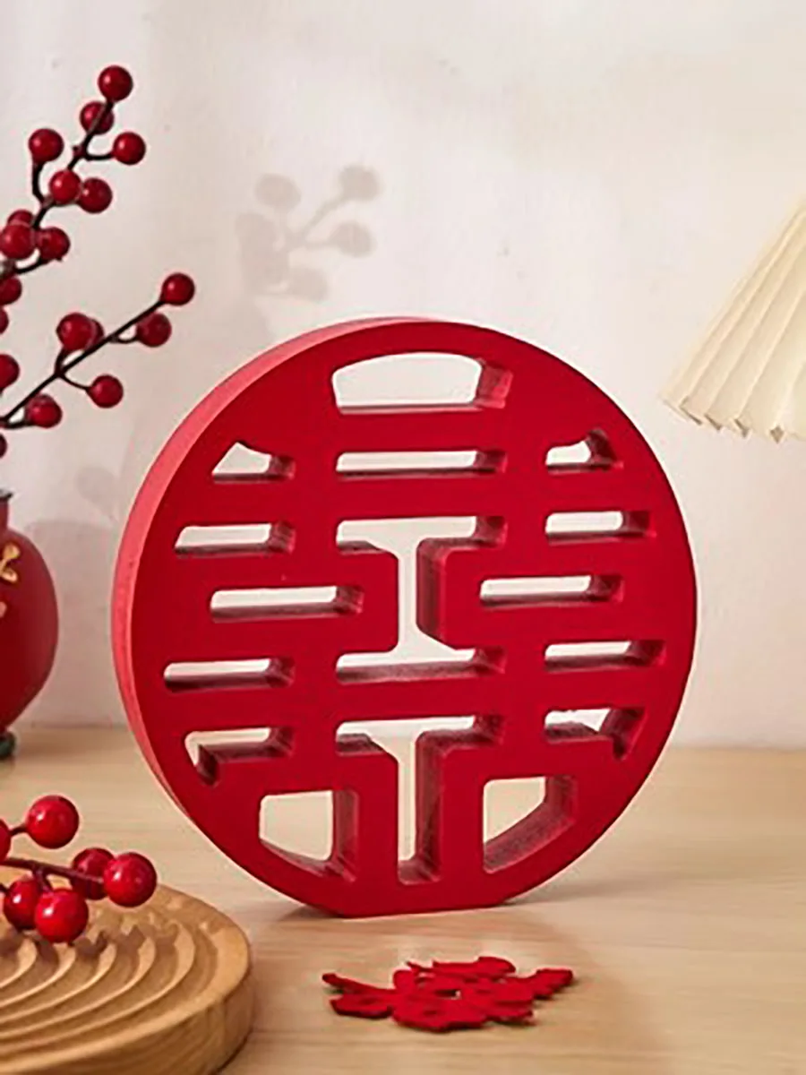 Red Chinese Word Double Happiness Blessing Model Wood Crafts for Wedding Festival, Home Furnishing Articles Decoration