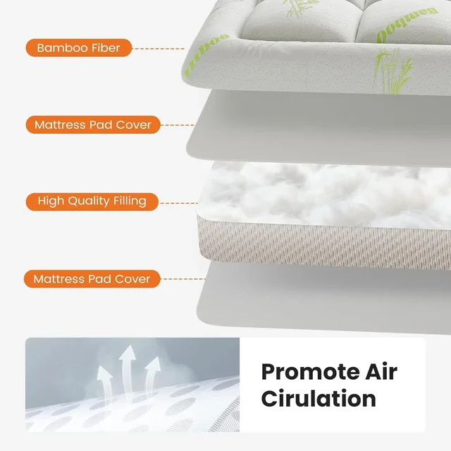 Ultra-Soft Cooling Bamboo Mattress Topper, Breathable Pillow-Top Pad with Deep Pockets for Hot Sleepers 5