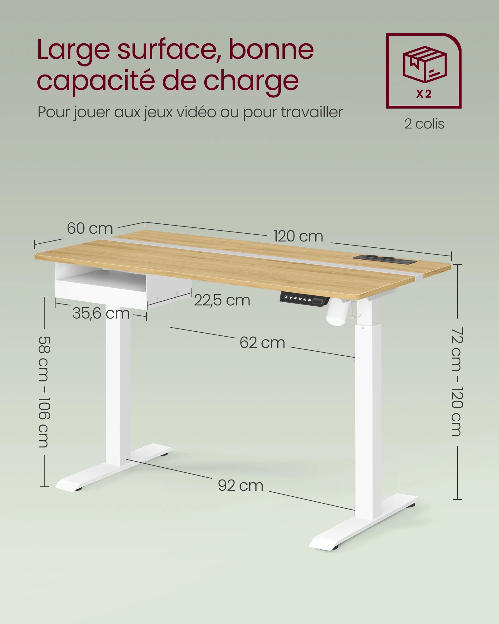 Bureau Assis-Debout VASAGLE - Réglable Électriquement, 60x140cm, Fonction Mémoire - Blanc