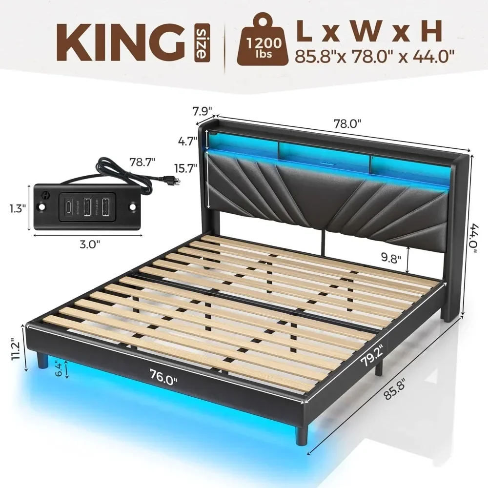 King Size Bed Frame, Storage Headboard with Charging Station and LED Lights, Upholstered Bed with Heavy Duty Wood Slats 2