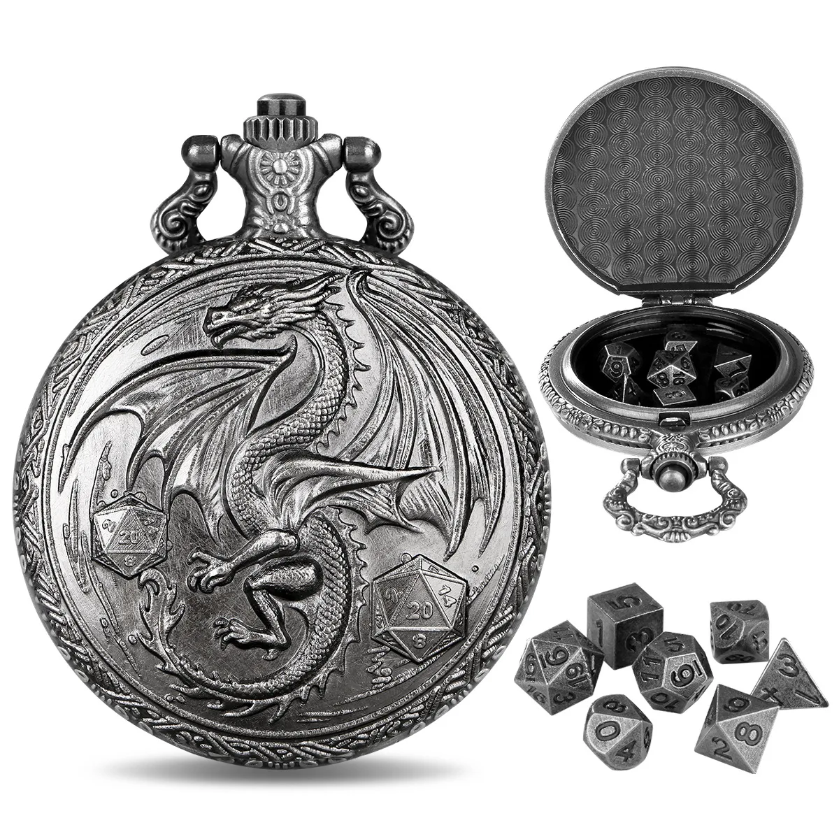 Vintage-Inspired Double Dragon DND Dice Jewelry Pocket Watch Case with 7 Metal Dice Set