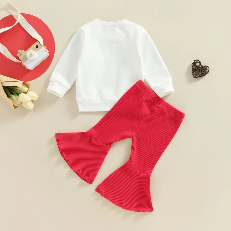 -11-17 Lioraitiin 0-3Years Baby Girls Valentines Day Set Long Sleeve Letters Heart Print Sweatshirt Elastic Waist Flare Pant