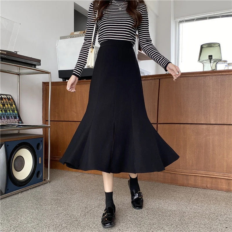 

Black fishtail skirt women's 2022 spring and autumn new high waist thin a-word medium length split Hip Wrap long skirt