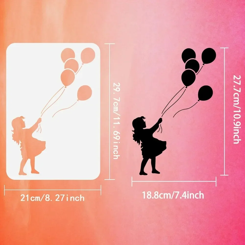 은행시 풍선 소녀 드로잉 스텐실, 8.3x11.7 인치, 은행시 그래피티 스텐실 플라스틱 페인팅 템플릿, 재사용 가능한 홈 벽 장식