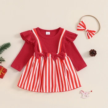 0-18M Baby Girls Christmas Outfit, Long Sleeve Striped Romper Dress with Headband Fall Clothing Set 1