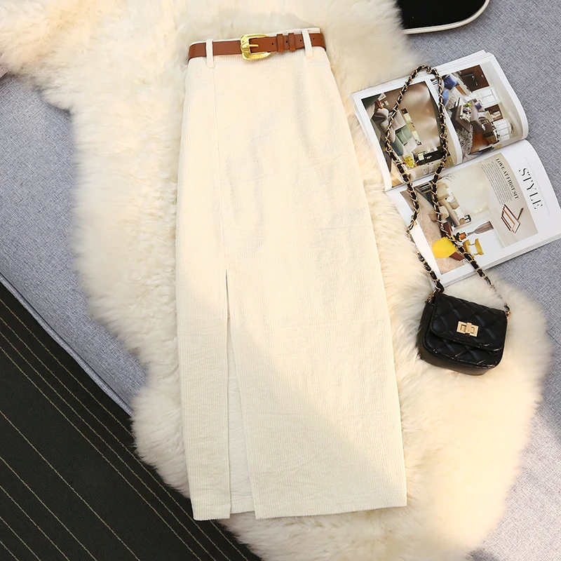 Temperament Retro Corduroy Slit Skirt Female Autumn and Winter Mid-length High Waist Elegant A-line Fashion Sexy Hip Skirt
