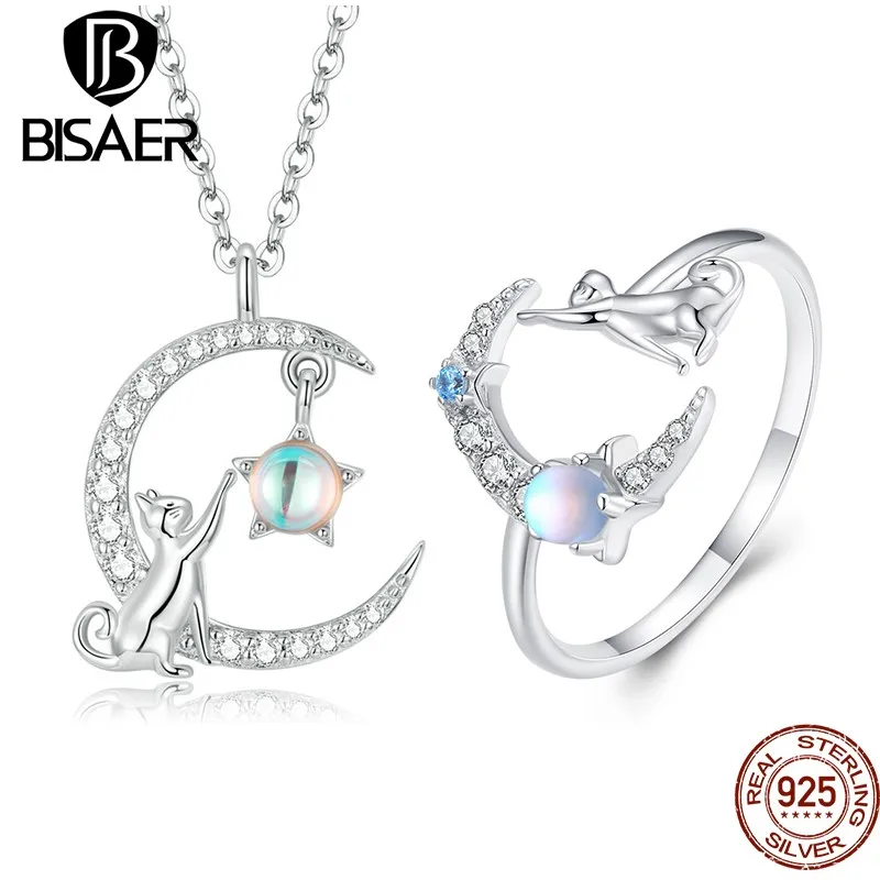 BISAER   귀여운 고양이 문 쥬얼리 세트 동물 펜던트 목걸이 & 반지 오리..
