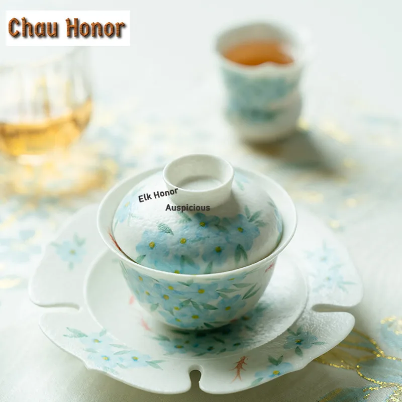 90ml Pure Hand-painted Blue Star Flower Gaiwan Zen Tea Tureen Tea Bowl with Lid Kit Tea Brewing Cover Bowl Tea Items Ornaments