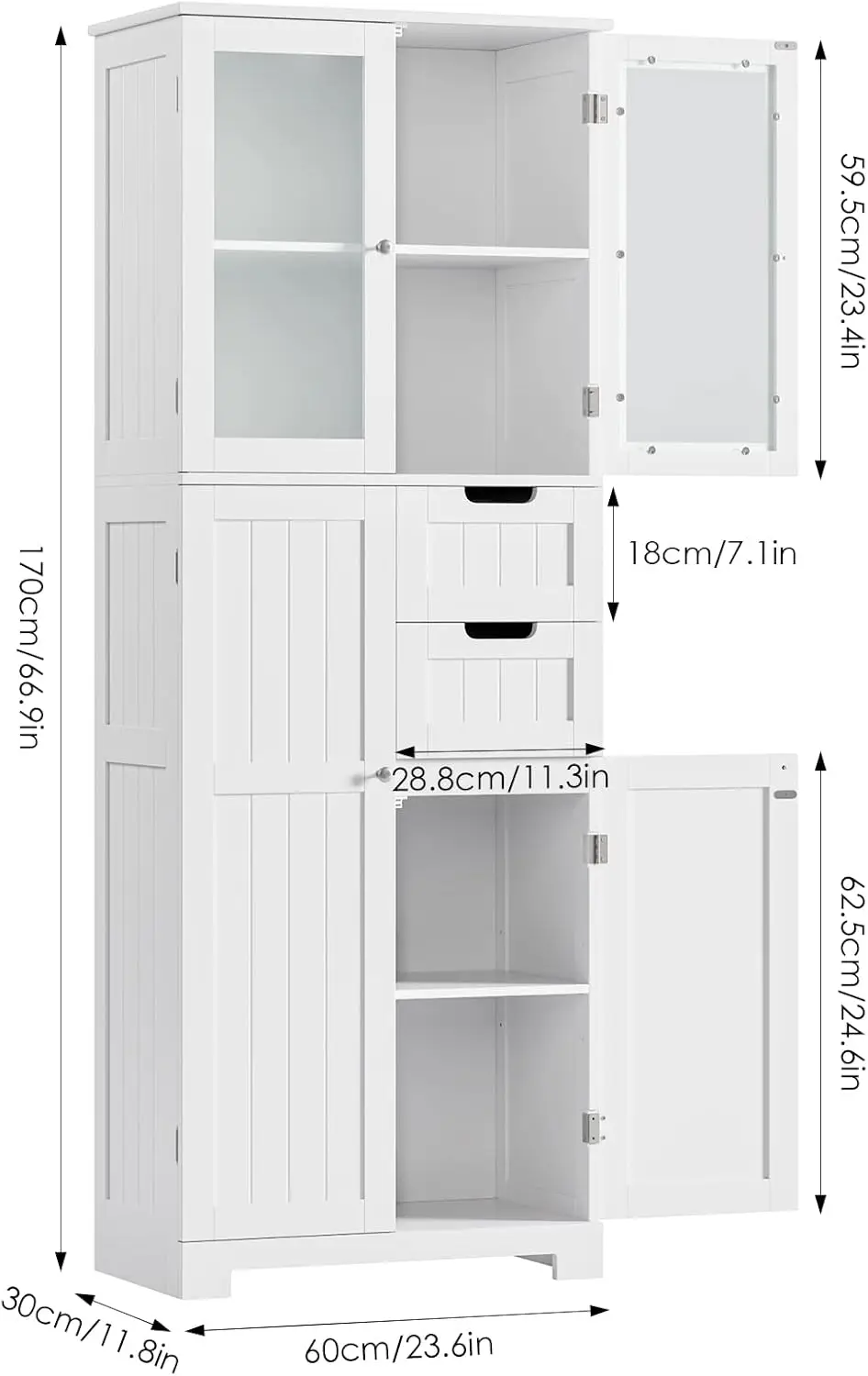 67'' Bathroom Storage Cabinet, Tall Storage Cabinet with Frosted 4 Doors and 2 Drawers, Kitchen Pantry with Adjustable Shelf