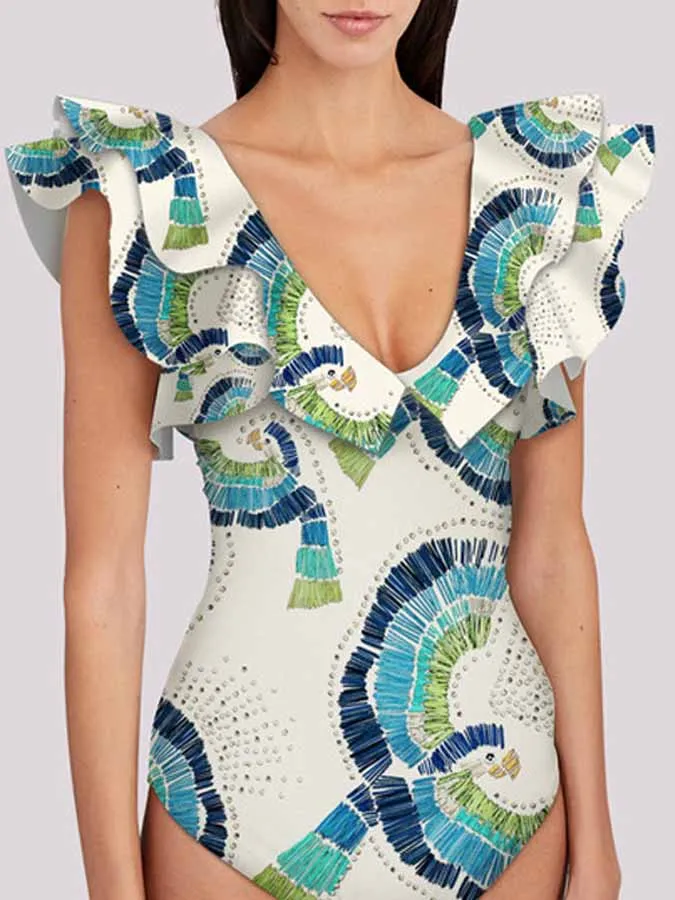 

Women Ruffle Bikini Set Floral Printed Deep V-Neck Swimwear One-Piece Summer Beachwear Push Up Flounce Swimsuit Bath Suit