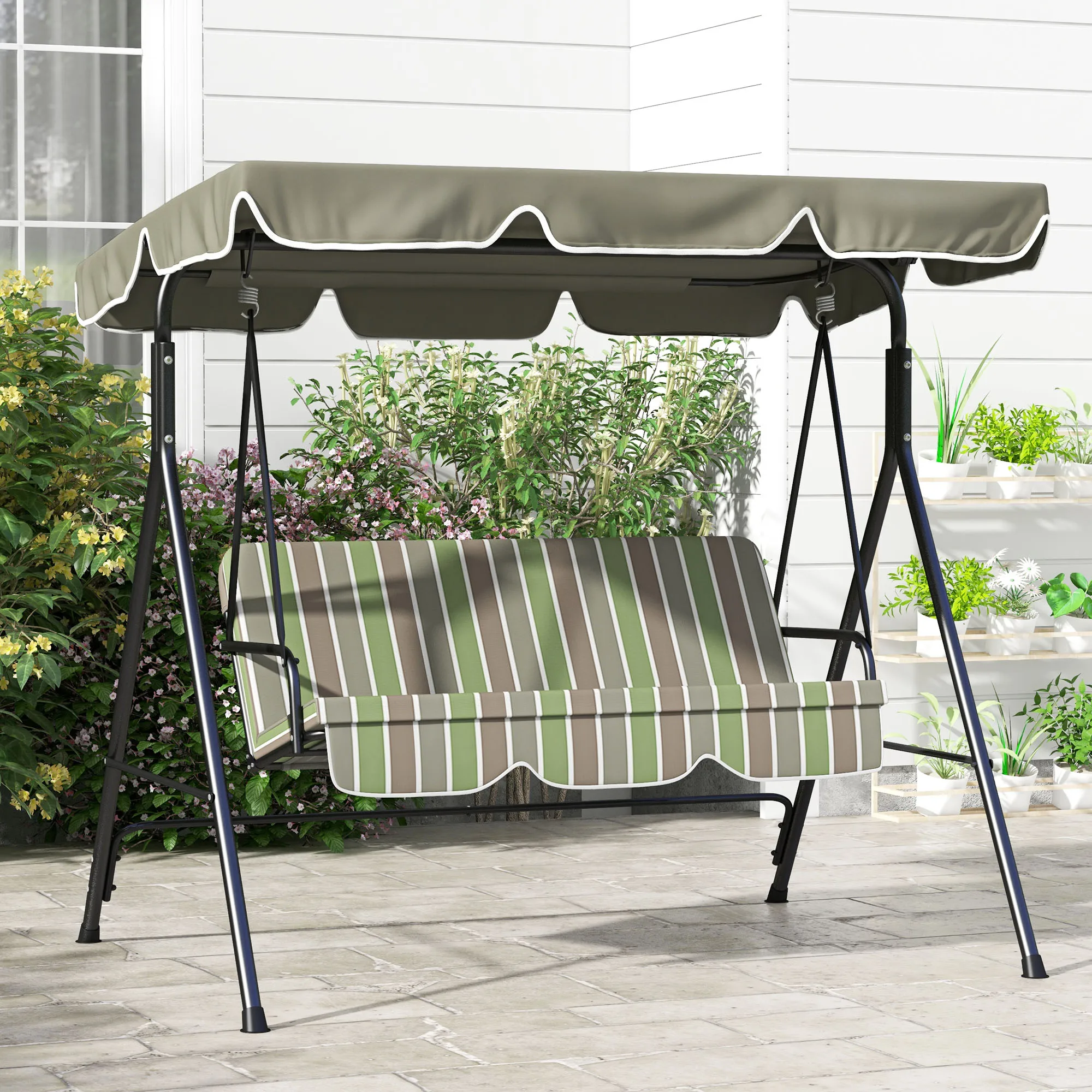 3-Seat Outdoor Patio Swing W/ Canopy & Cushion, Beige & Green 5