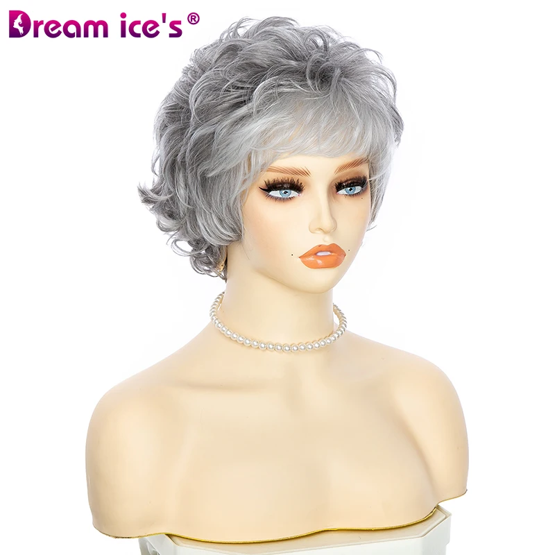 

Short Pixie Cut Mixed Gray Synthetic Wigs Natural Wavy Layered Wig With Bangs For Women Fluffy Hair Heat Resistant Fiber Wigs