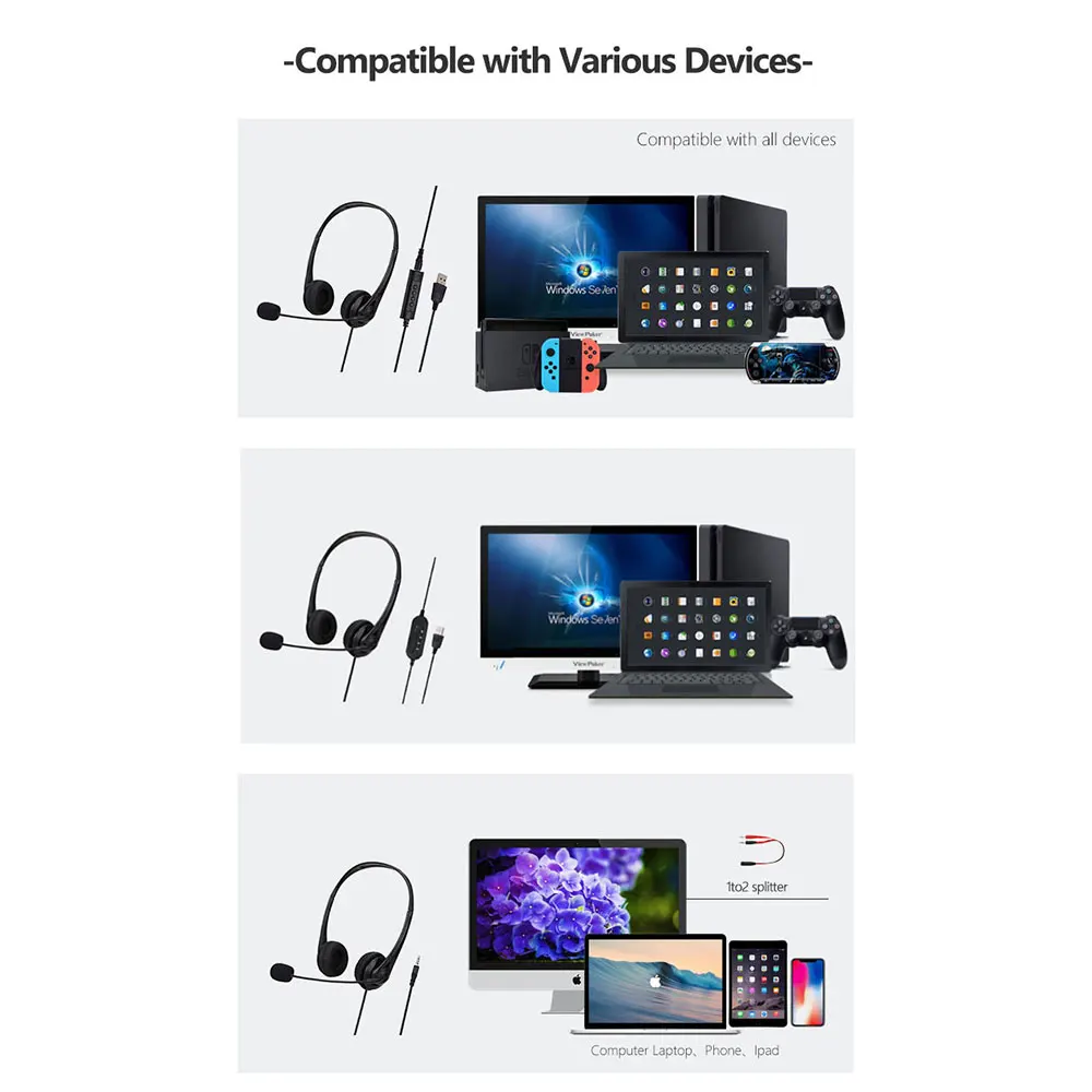 Noise Cancelling Computer Headset - 35mmUSB Wired Stereo for Video Conferencing and Chatting