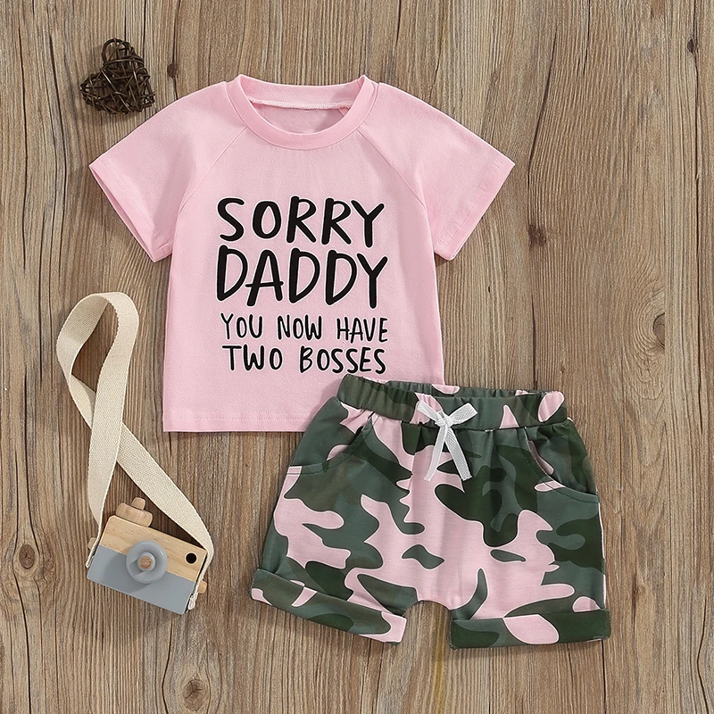 Mandizy Toddler Baby Girl Summer Clothes 2T 3T 4T 5T Kids Girl Manica Corta Letter Print Shirt Top Camo Shorts Set Outfit