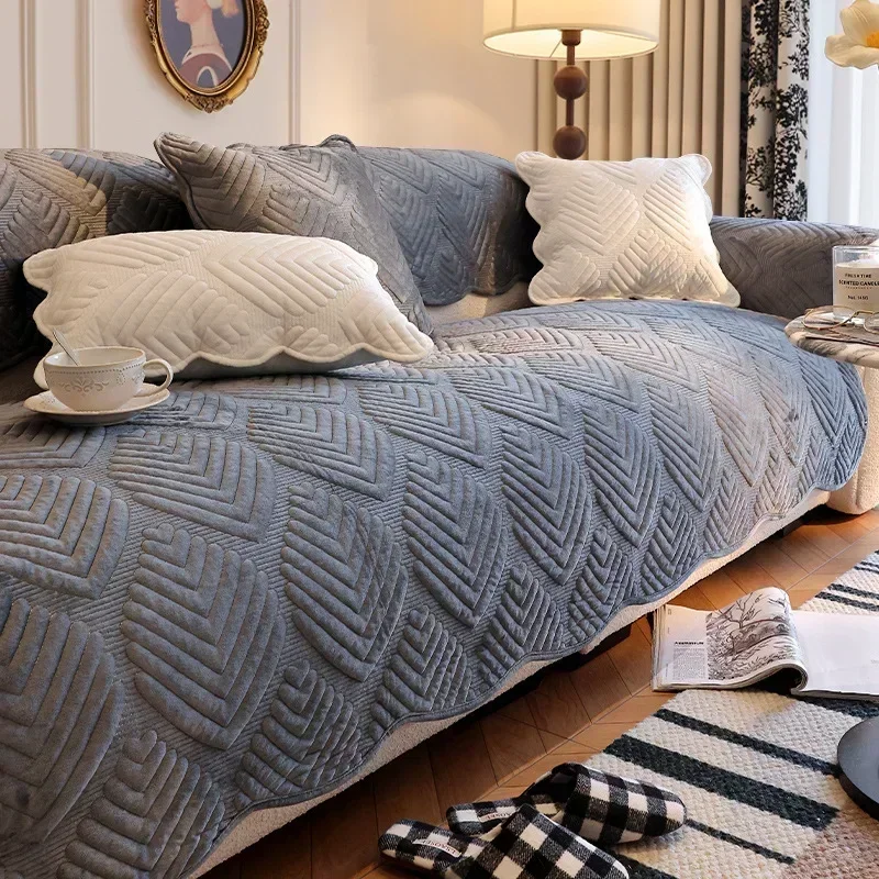 1PC Soft Velvet Sofa Cover for Living Room Winter Warm Leaves Sofa Towel Non-Slip Universal L Shaped Couch Slipcover Protector 5