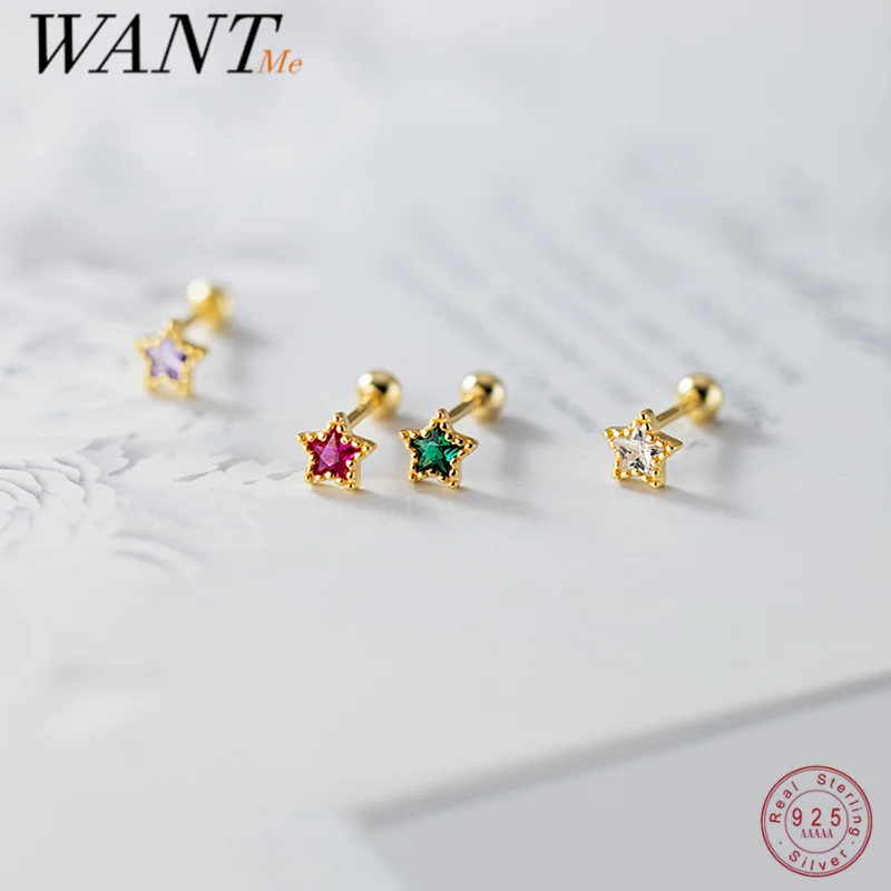 WANTME-pendientes de plata de ley 925 para mujer, aretes con cuentas en espiral de estrella de circonita colorida, accesorio de joyería de hueso de oreja