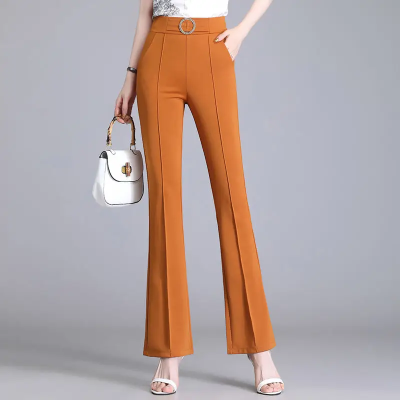 

Women's Flare Pants Simple Straight Trousers Elegant Office Lady OL Style Black Suit Pants Female Casual Summer Bottoms Q534