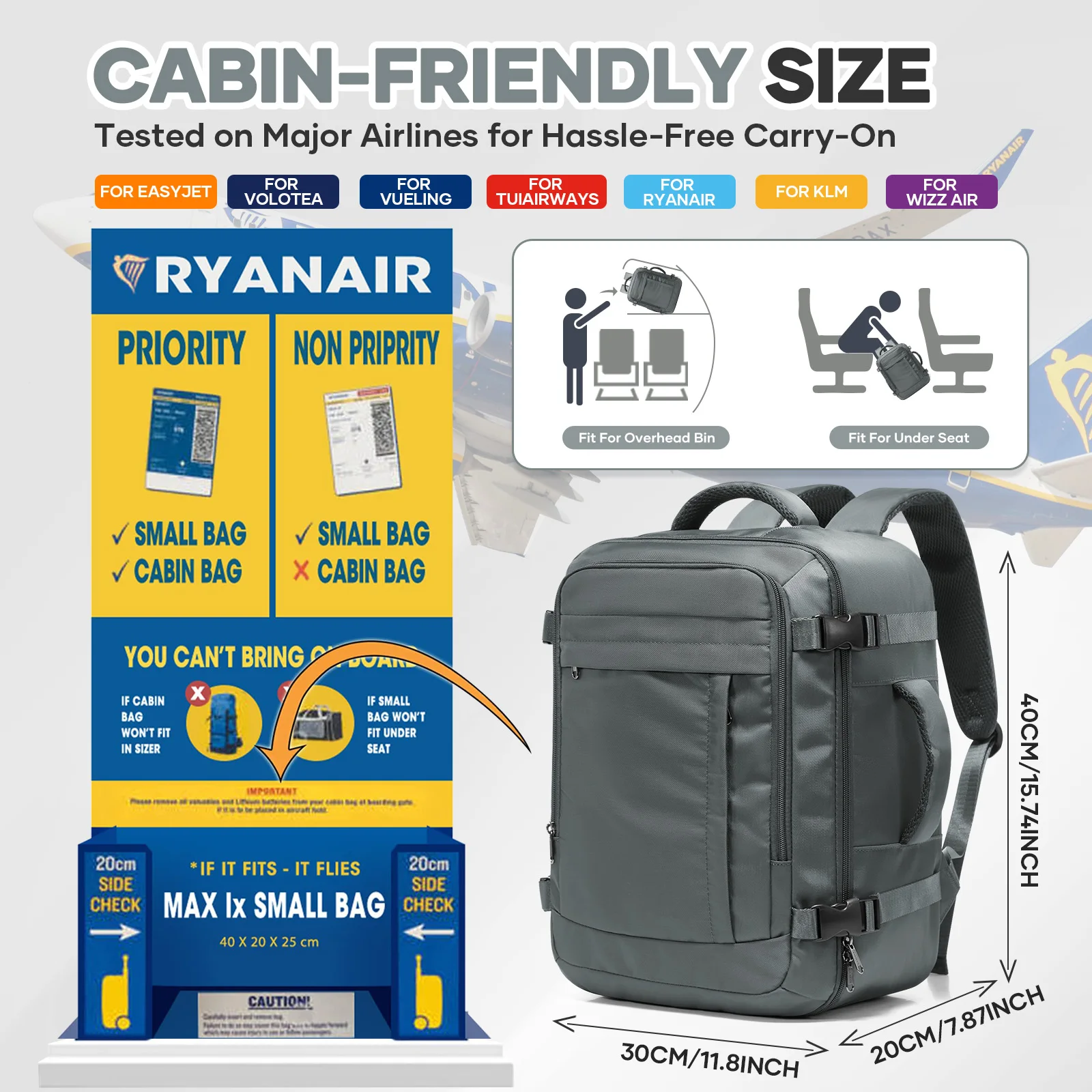 Ryanair Cabin Bags 40x30x20 Underseat Travel Backpack,  Cabin Fly Bag，Outdoor Backpack Back-to-School Storage Laptop Bookbag