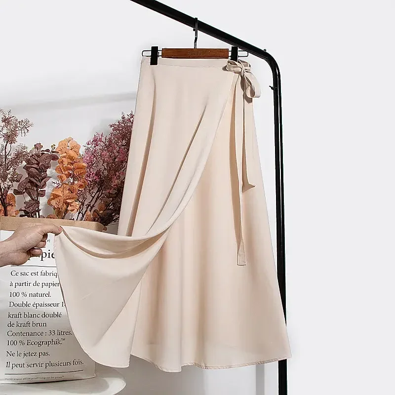 

Summer Design One Piece Skirts Women High Waist Elegant Lace Up Chiffon Skirt Solid Color Thin Mid Length A-Line Faldas P587