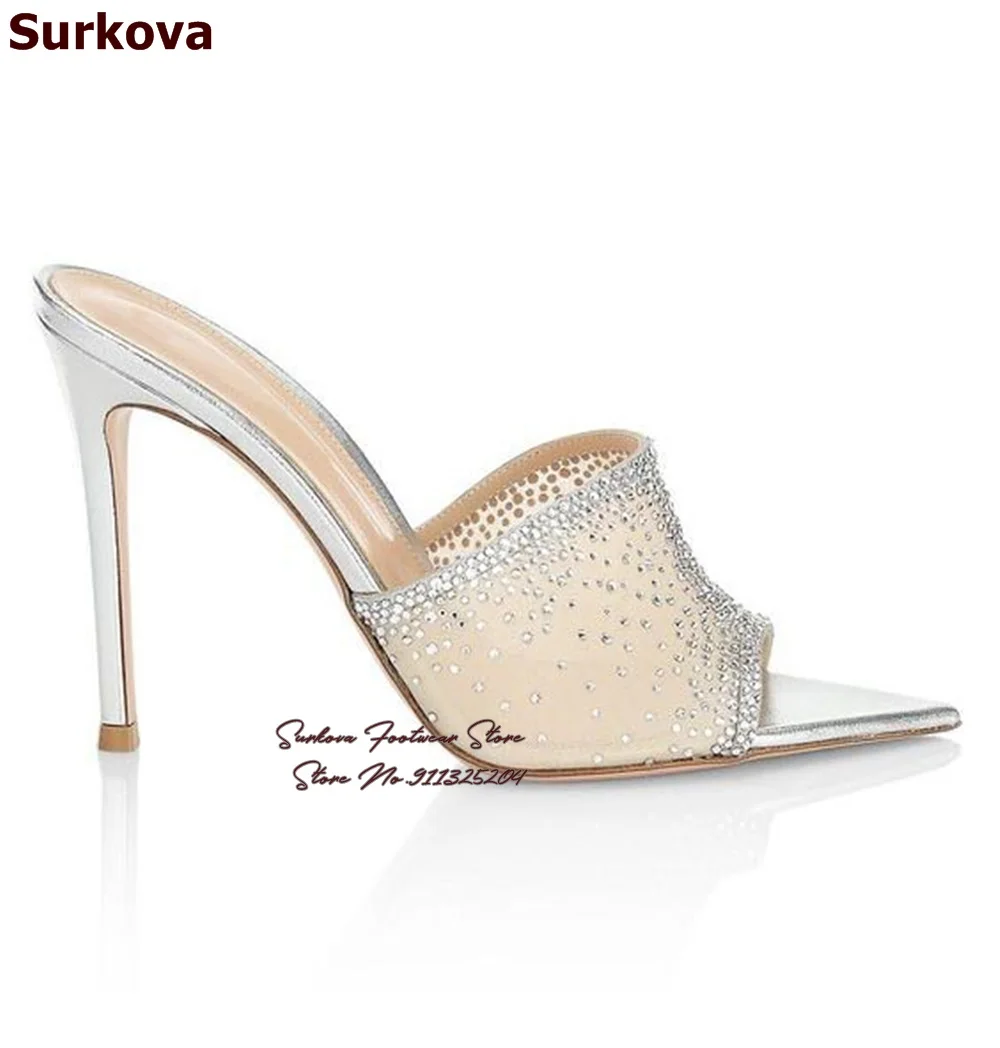 

Surkova Silver Mesh Crystal High Heel Slippers Pointed Toe Bling Bling Rhinestone Dress Shoes Slip-on Glittering Evening Sandals