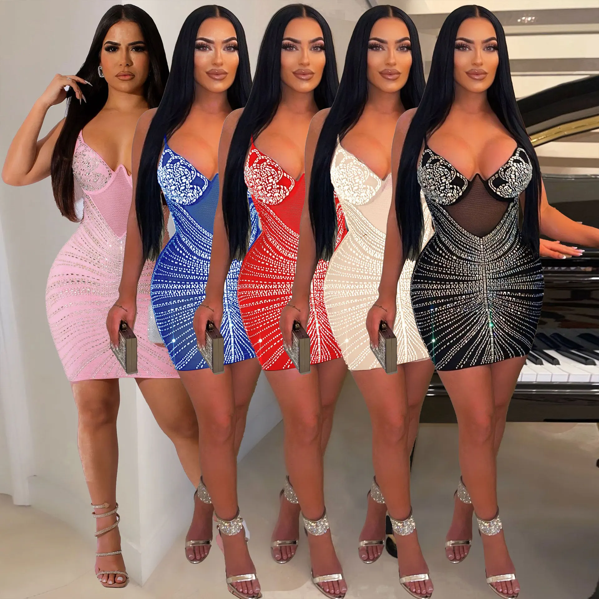 

AOSKM2023 New Summer FYK2676 Europe And The United States Sexy Fashion Hot Diamond, Suspenders Lady Dress, Nightclub Clothes