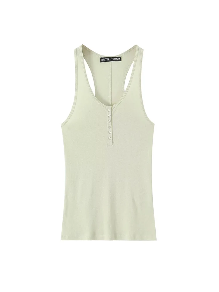 TFMLN Women's Summer Sleeveless Vest Leisure Street Clothing Female Fashion Breasted Slim Round Collar Tee 2025 New Outfit