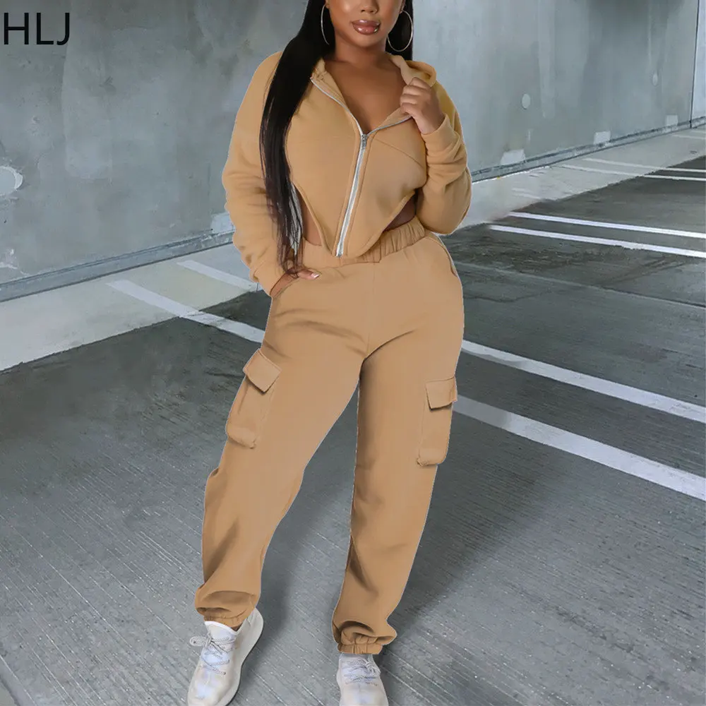 

HLJ Fashion Irregular Hooded Jogger Pants Two Piece Sets Women Solid Color Long Sleeve Top And Pants Two Piece Outfit Tracksuits