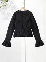 Chemisier chic uni à volants et cordon de serrage pour femme, col rond, simple boutonnage, manches longues évasées, collection Printemps-Été 2026 5