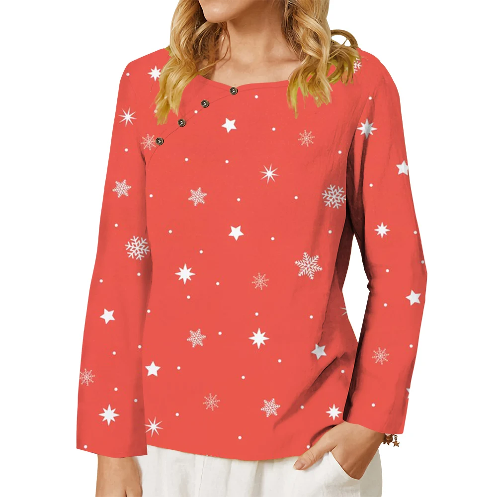 

CLOOCL Autumn T-shirt Women Buttons Red Blouse Snowflake Pattern Print Tee Loose Casual Female Long Sleeve Shirts Tops Oversized