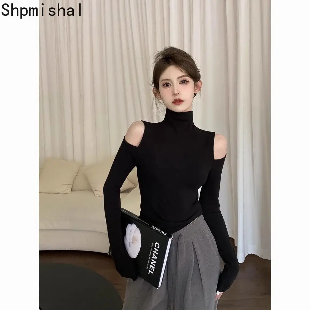 

Half High Neck T-shirt Women's Autumn Underlay Design Feel Off Shoulder Spicy Girl Tight Fit Long Sleeve T-shirt Overlay Top