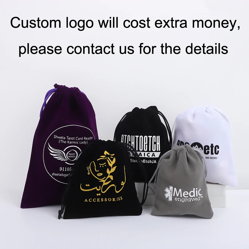 50pcs/Lot Black Velvet Bags Drawstring Pouches For Jewelry Wedding Party Gift Packaging Bag 10x15, 13x18, 15x20 cm Custom Logo