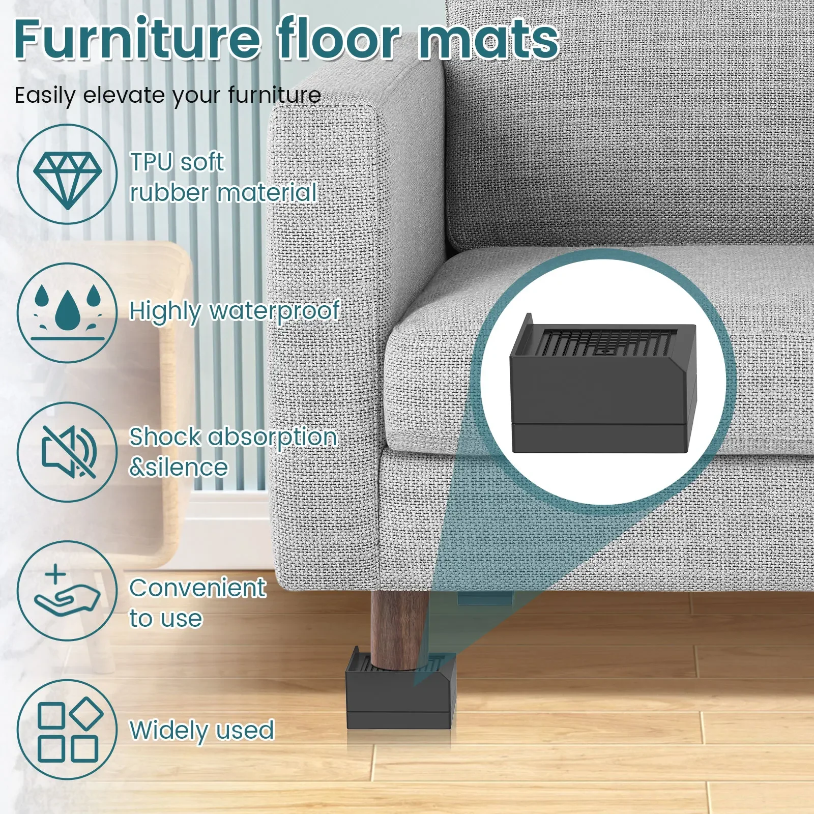 Adjustable Non-Slip Furniture Risers with Shock Absorption, Pack of 4