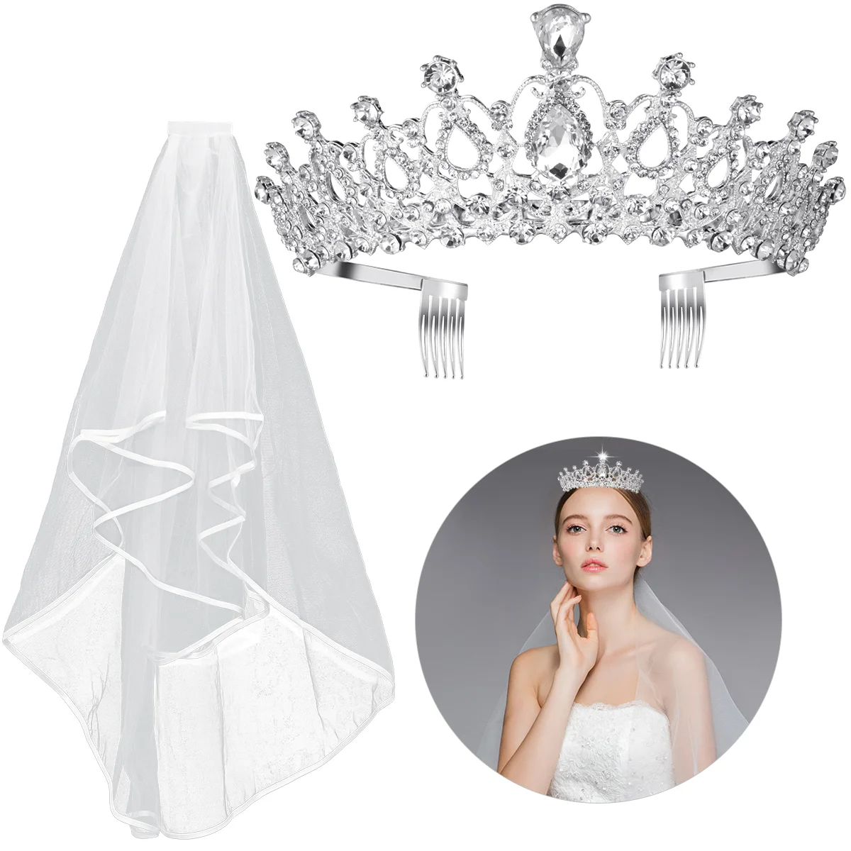 

2 PCS Rhinestone Headpiece Ivory Girl Dresses Wedding Veil Tiara Veils Alloy Bride