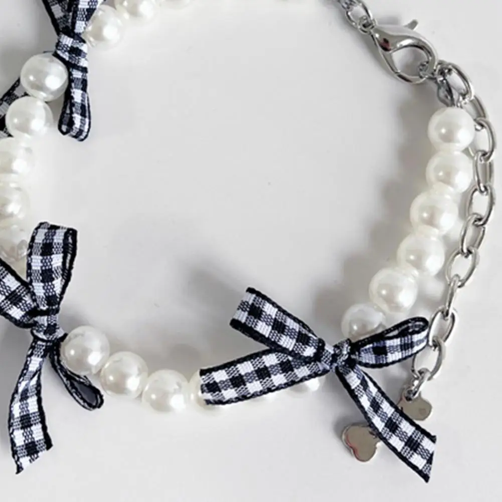 Pet Necklace Non-Fading Comfortable Fit Faux Pearl Dog Bowknot Collar Adjustable Size Bright Colored Pet Collar For Dogs Cats