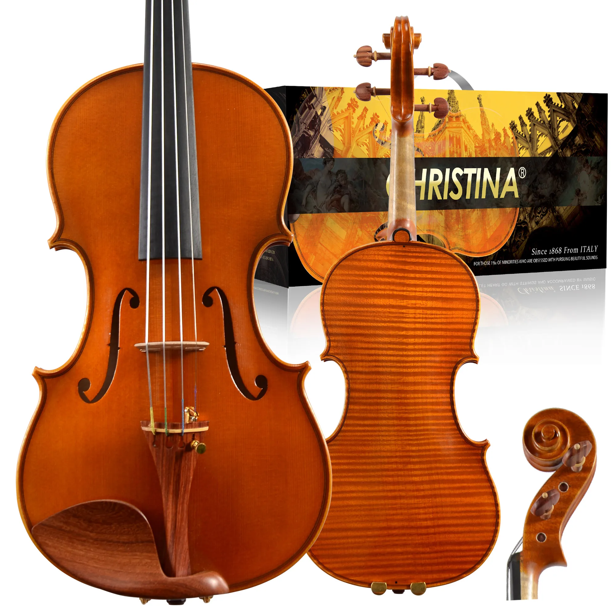 CHRISTINA Professional Violin European Tonewood Series, Warm Honey Color, Sandalwood Accessories, One-piece Maple Back (S500G)