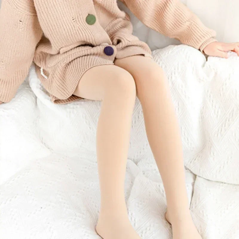 Kids Girls Skin Colour Leggings Elastic Thicken Plush Warm Cold-Proof Tights Children Autumn Winter Soild Dance Socks