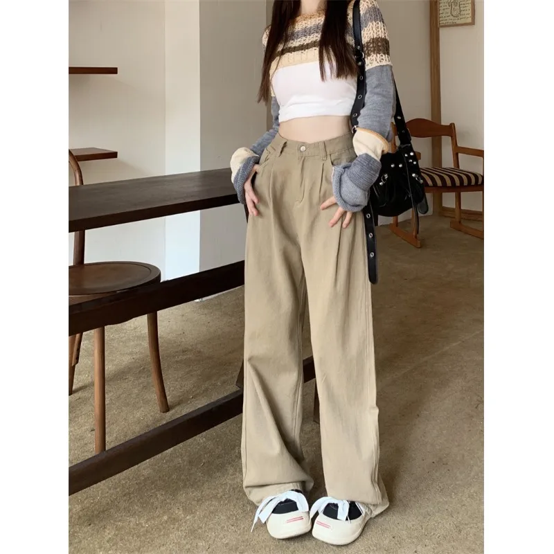 Sanmuzi ~ 복고풍 캐주얼 바지 스트레이트 바지 하이 허리 청바지 여성 봄 슬리밍 넓은 다리 바지 걸레 롱 바지 