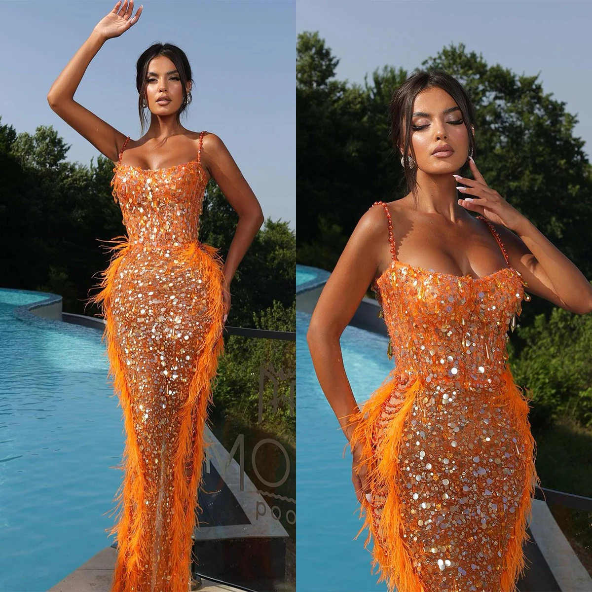 

Sexy Evening Dresses Mermaid Formal Occasion Shining Sequined Feathers Backless Floor Length Prom Dress Vestido De Noite