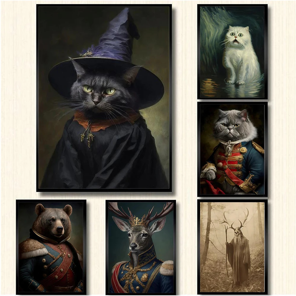 Gothic Raven Vintage Poster Cat Deer Bird In Dress Victorian Vampire Dark Academia Witchy Decor Canvas Print Wall Art Home Decor