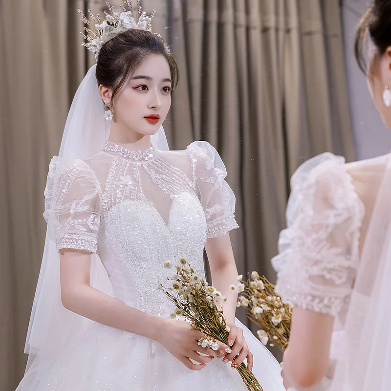 

Bride dresses Wedding Dress with Short Sleeves puff Veil White lace Princess style prom gown H223