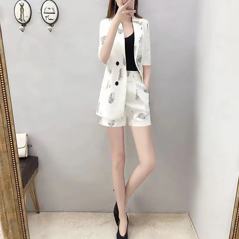 Women\'s Suit 2022 Summer New Fashion Korean Style White Clothes Pattern Printed Jacket Coat Top Shorts 2 Two Piece Set For Women