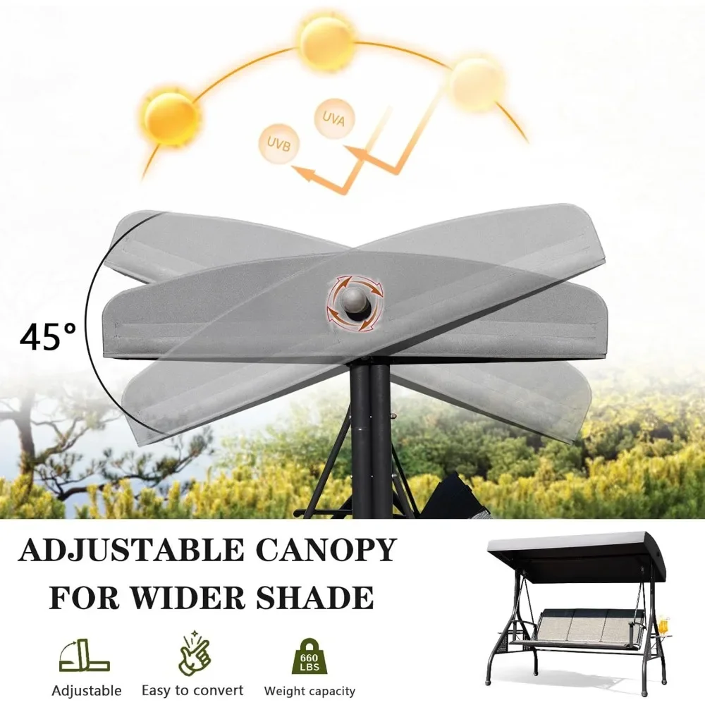 Outdoor Patio Swing with Adjustable Canopy, 3 Seat Outdoor Porch Swing with Cup Holders, Waterproof Textilene Swing Chair 3