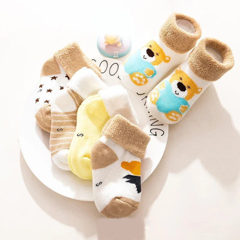 5 Pairs Autumn Winter Warm Strip Baby Sock Cute Cartoon Dot Thick Infant Floor Sock Soft Star Pattern Newborn Toddler Sock Baby & Maternity